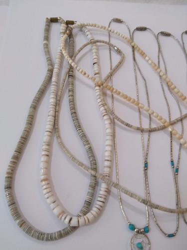 Vintage 10 Heishi shell & Liquid Sterling Silver & Turquoise Necklaces 1 beads - Imagen 6 de 10