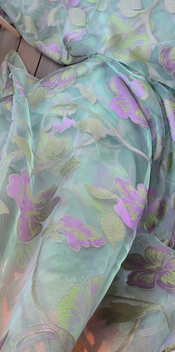 BOLT of 10 yards x 110" wide sage green sheer/purple flowers fabric for curtains - Picture 5 of 15