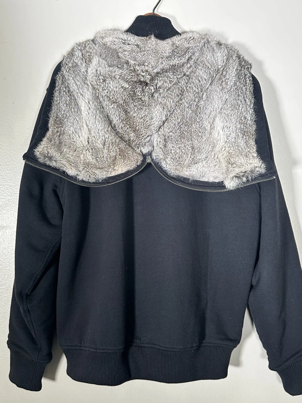 Michael Kors Maglione Nero con Cappuccio e Fodera Grigio 100% Pelliccia di Coniglio Giacca L