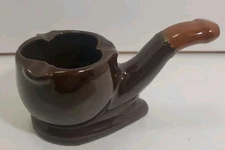 Vintage Pipe Shaped Cigarette Ashtray Ceramic Brown Glazed 3 Slot  5.5 X 2.5 in