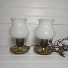 Pair Vintage White Milk Glass Hobnail Boudoir Lamps Ruffled Brass  8” Working
