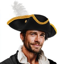 Tricorn Pirate Hat with Feather Black Colonial Hat for Women Men Halloween Co...