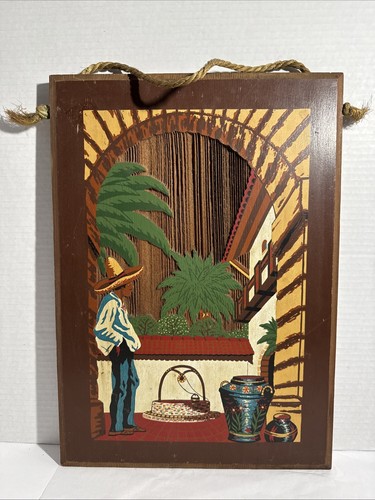 Catalina Island CA Redwood Carved Painted Mexican Mission Wall Plaque 1930s