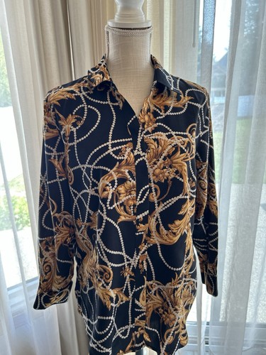 Damen Top Shirt Bluse von Chico's No-Iron Collection Gr. 2 Ketten schwarz gold