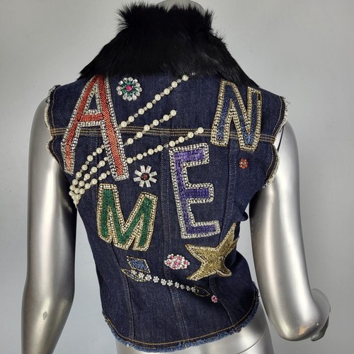 NWT~$1065~AMEN~38/XS~BLACK GENUINE REAL FUR EMBELLISHED DENIM JEAN JACKET VEST - Picture 9 of 24