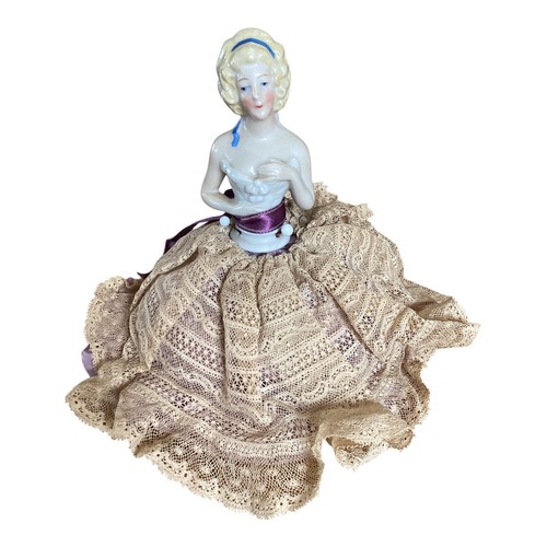 Antique Half Doll Pin Cushion Blonde Victorian Lace Dress Purple Accents - Picture 2 of 8