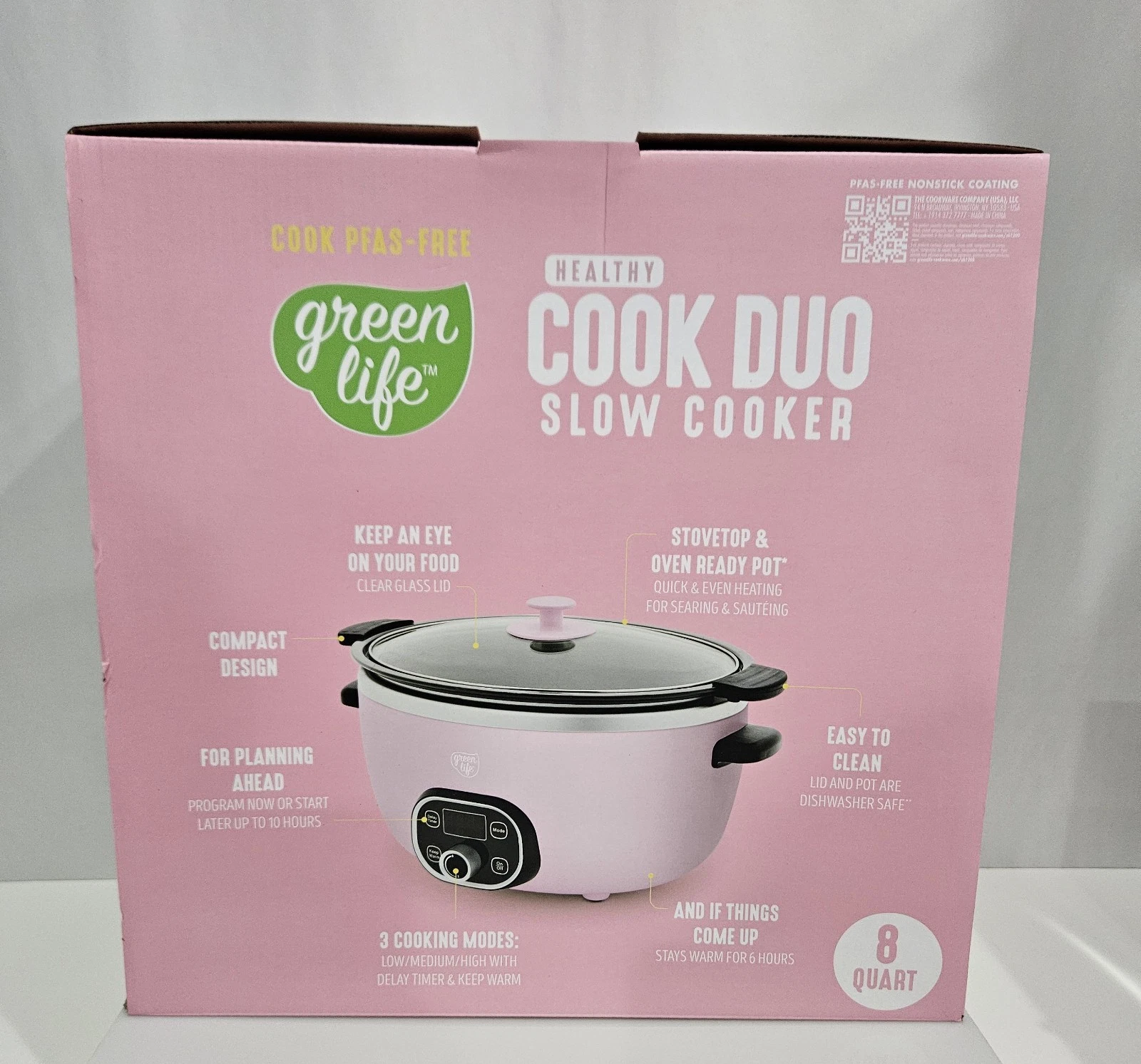Green Life- Pink 8 qt. Healthy Ceramic Nonstick Cook Duo Slow Cooker Sear Saute