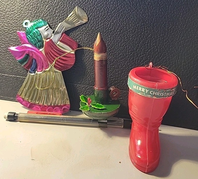 3 Vintage Christmas Ornaments. Plastic Boot, Wood Candle And Metal Angel. 