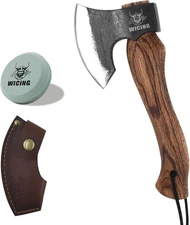 10.6 in Hatchet, 1065 Manganese Steel and Beech Wood Handle with Leather Sheath 