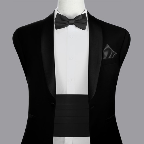 Men's Formal Solid Pre-tied Bow Tie Pocket Square Cummerbund Set of 3 PCS - Picture 2 of 4