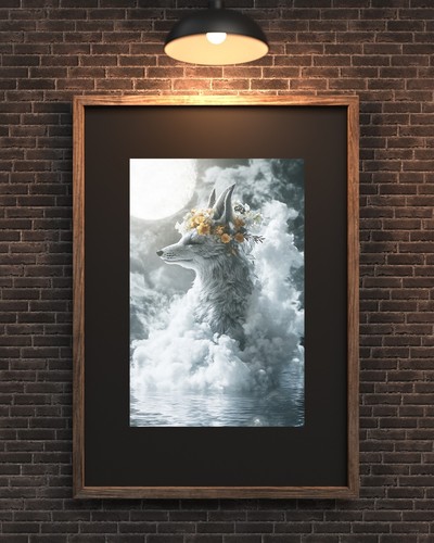 Mystical Fox With Flower Crown Under Moonlight Fantasy Animal Wall Art Print - Picture 4 of 5
