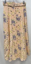 QPS Women Size 4 Vintage Button Up Belted Midi Godet Skirt Peach Floral Pockets