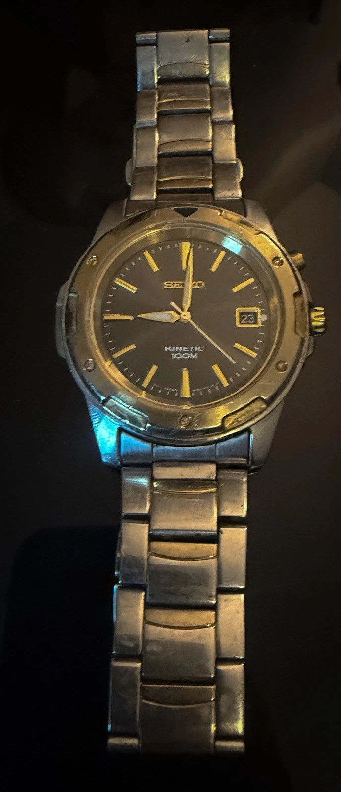 Seiko Kinetic Automatic Watch Men Silver Gold Tone 5M62-0BC0 Date 8.5"