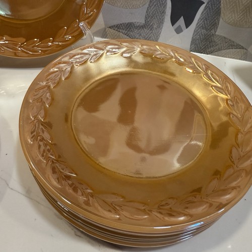 Set Of 10 Luncheon Plates Fire King Laurel Leaf Peach Lustre 9” - Picture 5 of 12