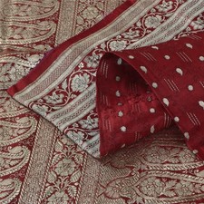 Sanskriti Vintage Red Sarees Pure Satin Silk Brocade/Banarasi Woven Sari Fabric