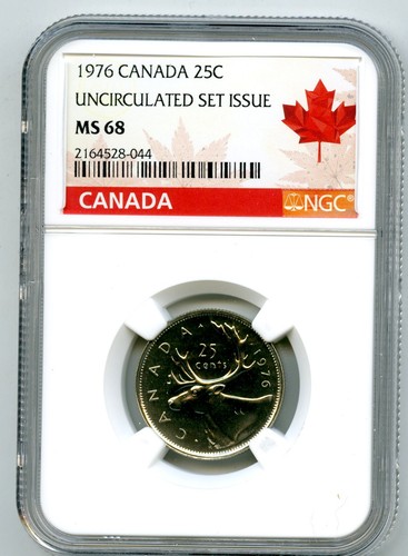 1976 CANADA 25 CENT NGC MS68 CARIBOU QUARTER RED MAPLE LEAF LABEL