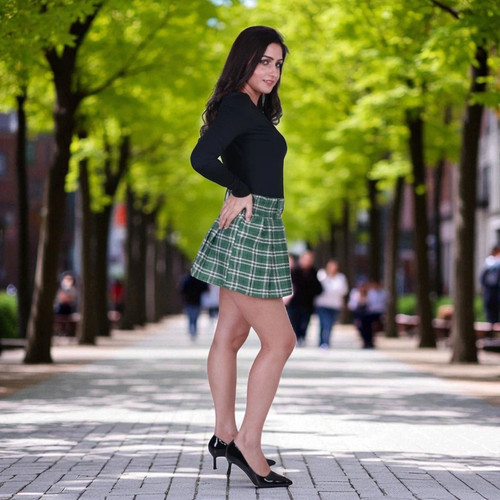 Minifalda plisada a cuadros verdes para mujer - Conjunto de ropa de club nocturno de tartán de cintura alta - Imagen 3 de 7