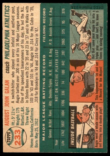 1954 Topps Set Break Augie Galan #233 NM-MT or BETTER - 第 2/2 張圖片