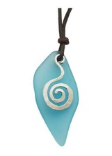 Hawaiian Jewelry Sea Glass Necklace, "Island Breeze" Wire Swirls Leather Cord