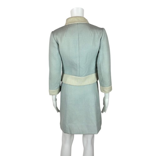 Vintage 60s Suit Set Women's XXS Mod Baby Blue Wool Colorblock Jacket Skirt - Picture 8 of 13
