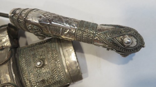 Antique Arabic Filigree Omani Khanjar Dagger Jambiya Silver In Leather Sheath - Picture 16 of 23