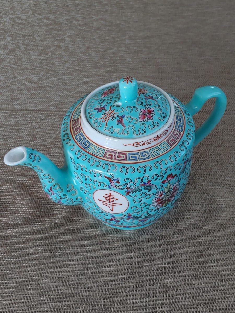 景德镇绿松石地粉彩瓷万寿无疆茶壶Vintage Chinese Famille Rose