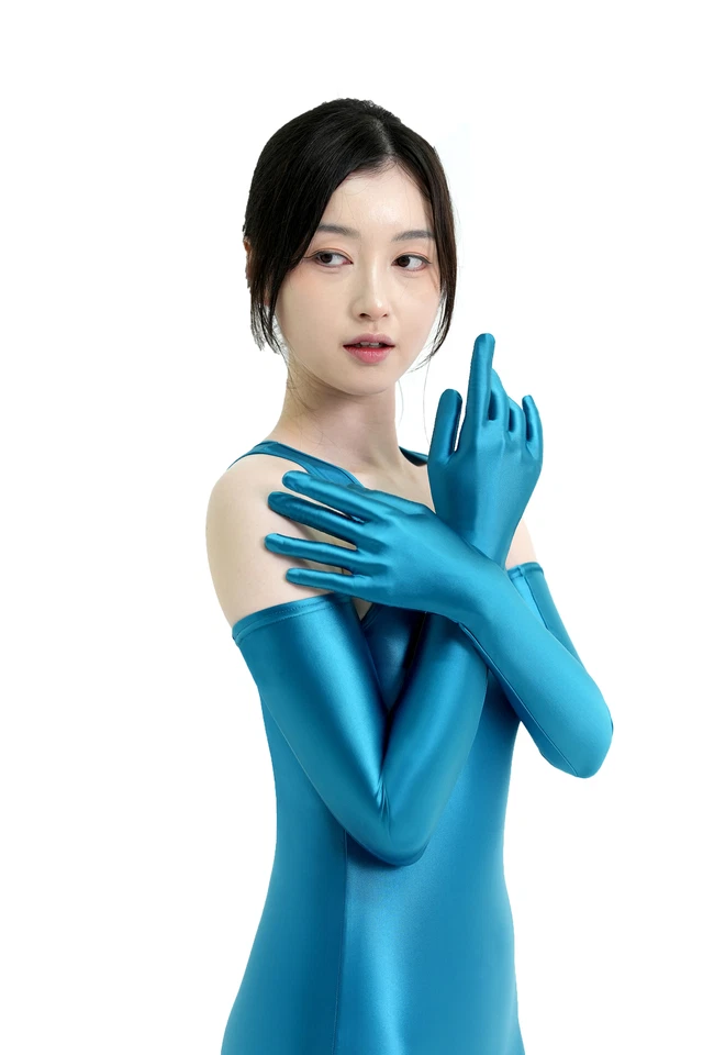 Women Smooth Glossy Super Long Gloves Party Cycling Cosplay Five Finger Mittens - Image 2 of 4