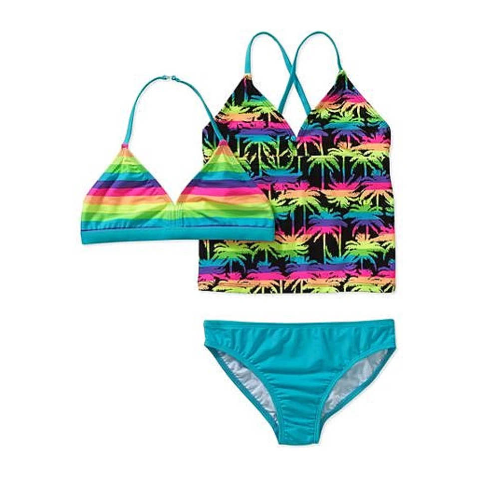 Lote de trajes de baño Op Girls 4/5 ~ a rayas 1 pieza + conjunto de 3 piezas de bikini/tankini Rainbow Palms Foto 3 de 3