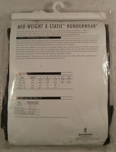 Browning Hunderwear Charcoal Mid-Weight X-Static Base Layer Top Pant Thermal Men - Picture 5 of 7