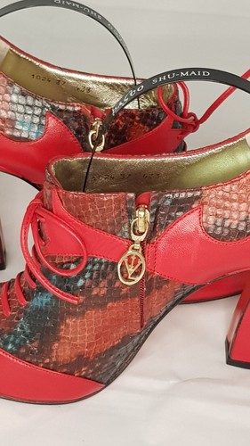 VICTORIO & LUCCHINO SEVI BOOTIES 4 LADIES HEELS DESIGNER RED BLACK SNAKESKIN - Picture 9 of 10