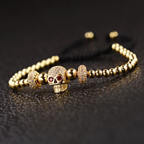 Luxury Exquisite Women Mens CZ King&Queen Skull Charm Beaded Bracelets Jewelry - Afbeelding 1 van 28