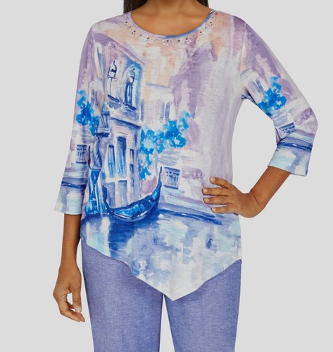 $59 Alfred Dunner Women's Blue Missy Ann Arbor Asymmetric Top Size L