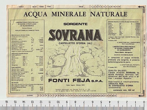 ACQUA MINERALE NATURALE Sorgente SOVRANA Fonti feja etichetta 1979