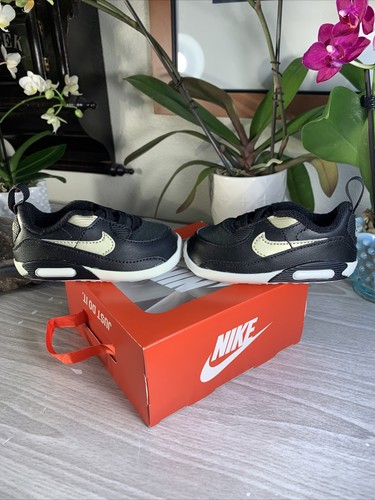 Nike Air Max 90 Crib CI0424-018 Rare BLACK/GOLD Baby Bootie Shoes Sz 2c NEW+Box - Picture 2 of 12
