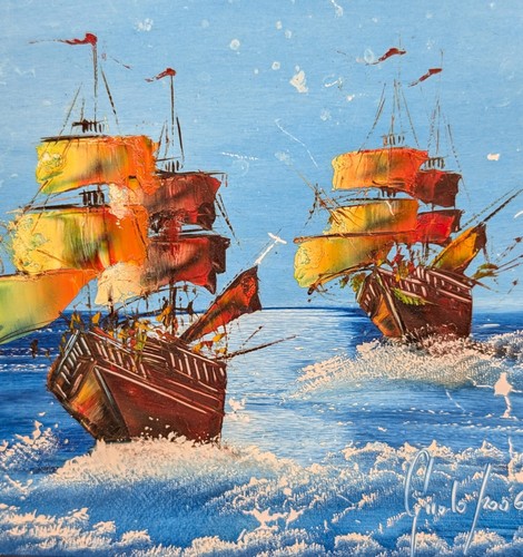 Vintage Nautical Sail Ships Oil Painting on Ceramic Tile Signed Framed 22cmx22cm - Picture 3 of 14