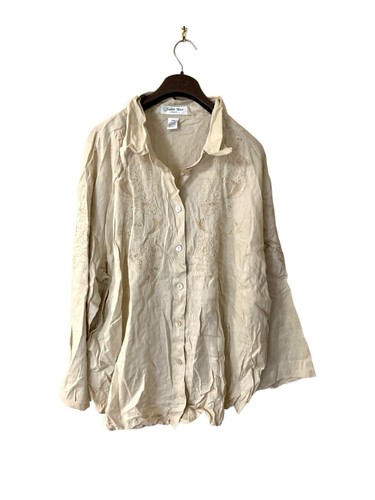 Judith Hart Linen Tunic Top Tan Beige Embroidered Long Sleeve Sz 20W Cottage 2D - Picture 2 of 4