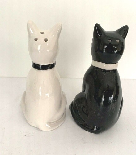 Juego de coctelera de sal y pimienta besándose gatos de cerámica blanco y negro gatos felinos - Imagen 6 de 9