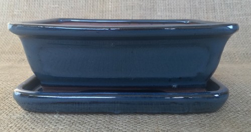 Blue Glazed Rectangular Bonsai Pot With Matching Drip Tray 16x13x6cm - Picture 1 of 3