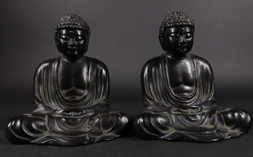 Vintage Pair Bronze Finish Spelter Metal Buddha Statues in Lotus Position 5" H - Foto 1 di 10