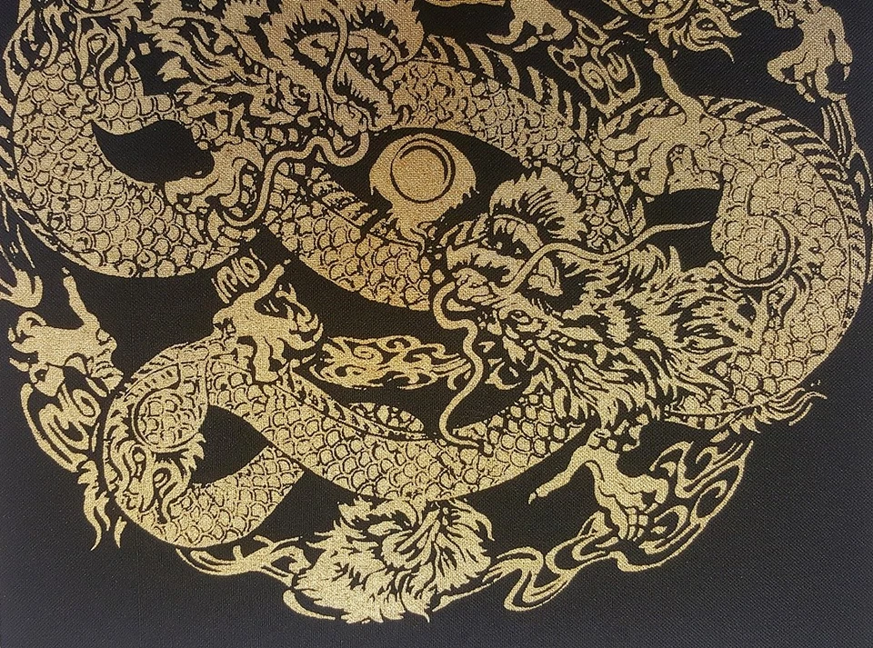 Black Thai Art Silk Painting Poster Print 2 Gold Dragon Animal Asian Home Decor - Image 3 of 4