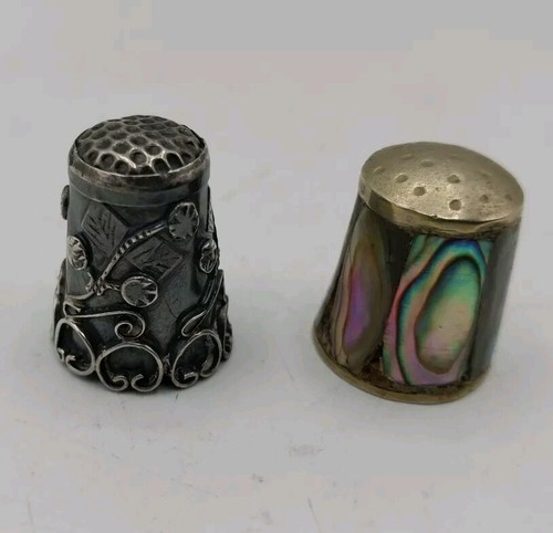 Vtg 925 Sterling Silver Filigree Design Thimble & Abalone Thimble set Mexico - Picture 6 of 23