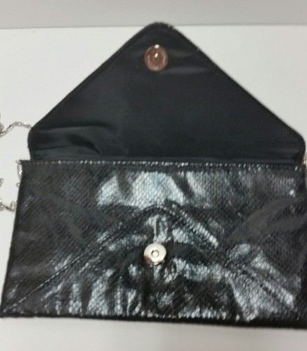 BIJOUX TERNER Black Leather Evening Handbag Clutch Purse Bag Long Silver Chain - Picture 3 of 4