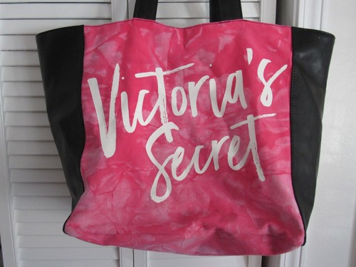 VICTORIA'S SECRET BLACK & PINK LARGE CANVAS & VINYL TOTE VINTAGE - Picture 2 of 7