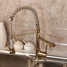 Gold Kitchen Faucet Pull Down Swivel Spout One Hole Brass Deck Mounted Mixer Tap