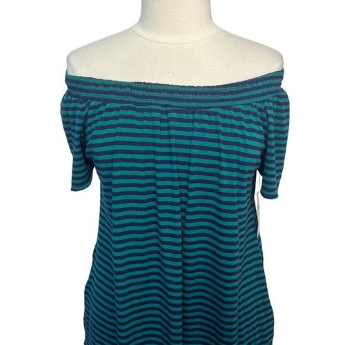 Faded Glory Dress Womens Large Green Blue On Off Shoulder Striped New - Picture 4 of 9