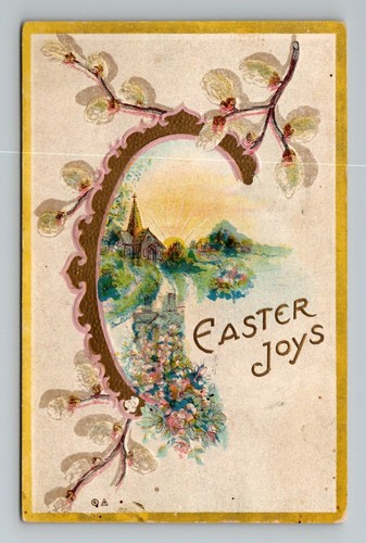 Vintage Easter Joys church scene postcard posted Ben Franklin 1 cent stamp