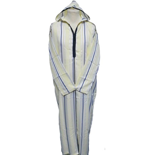 Moroccan Hooded Long Sleeve Thobe Djellaba Grey Cream - Picture 2 of 3