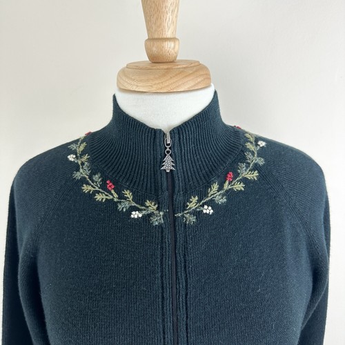 Woolrich Damen L schwarz Ramie Baumwolle Full Zip Pullover festlich Winter Stickerei - Bild 4 von 16