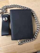 Men/'s Genuine Leather Black Eagle Trifold Wallet//Chain Biker Trucker Motorcycle