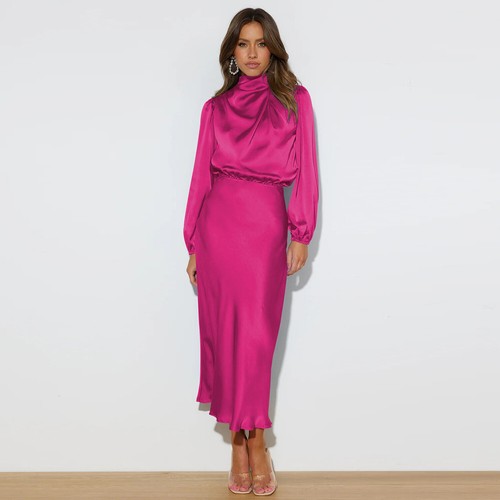 Damen Stehkragen Satin Kleid Langarm Hohe Taille Cocktail Party Maxikleid - Bild 17 von 23